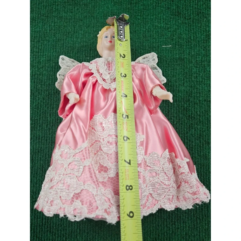 Pink Angel Doll Porcelain‎ Head Lace Wings Christmas Ornament Tree Topper